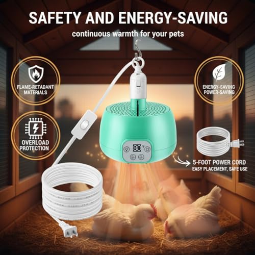 Enhon 2 Sets Chicken Coop Heater, Timing Heat Lamp for Chickens, Smart Temperature Control Chicken Brooder Heater Greenhouse Warmer, 5 Ft Ultra Long Cable Reptile Heating Lamp for Chicks Duck Dog Cat