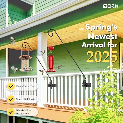 iBorn Fence Deck Hook Rail Heavy Duty Hummingbird Feeder Hanger 28 Inch Railing Hanging Hook for Bird Feeder, Suet Baskets, Planters, Wind Chimes, Solid Wire, 180 Degree Rotary, 1 Pack - style: 28" Fence Railings Hook,1 Pack
