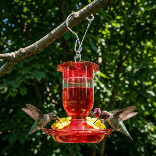 Hummingbird Feeders for Outdoors 2 Pack 12oz Plastic Leakproof | Wide Mouth Easy Clean, Clear Bottle, 5 Feeding Ports, Detachable Base, Weatherproof Hook, Compact for Small Yards