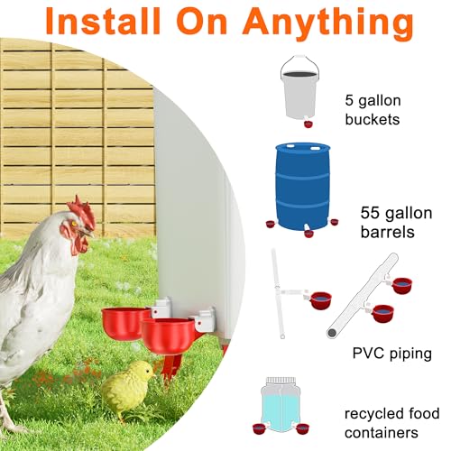 Automatic DIY Chicken Water Cup, Chicken Waterer Cups 10 Pack | Chicken Flock Waterer Cups with 3/8'' Hole Saw for Bucket, Trough, Easy Install