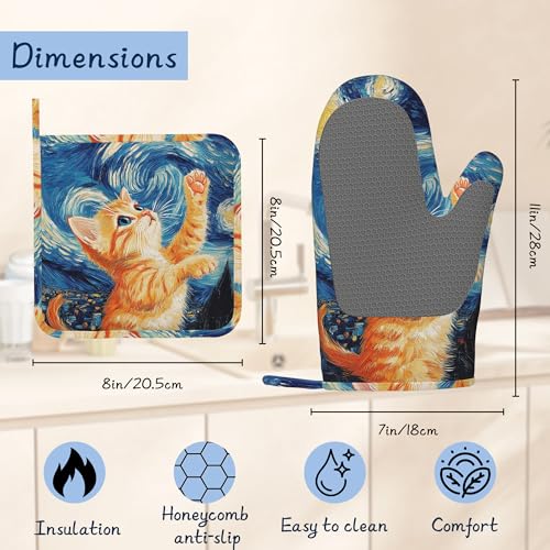 Kitchen Mitts Set,Cute Cat Oven Mitts and Pot Holders Sets,Thick Cotton Heat Resistant Blue Starry Sky Hot Pan Holder Extra Long Cooking Mitts for Cooking Baking Grilling BBQ Bakeries - color: Cute Cat
