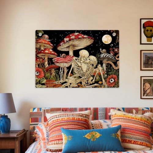 Gothic Skull & Mushroom Tapestry Banner Flag Dark Academia Skull Wall Decor | Moon Floral Elements Gift for Goth Fans, Witchy Souls Fantasy Art Lovers for Dorm Bedroom Party 28.5 x 20 Inch - color: Multi 0664