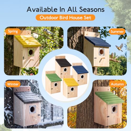 Marsui 4 Pack Wood Bird Houses for Outside Blue Bird Houses Set with Pole | Bird Houses for Outdoor, with Metal Guards, Safety Locks, Flight Slots, Ventilation for Bluebirds Wrens Finches