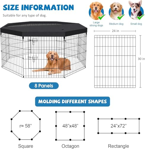 Artmalle 30-Inch Dog Playpen with Top Cover, 8-Panel Rustproof Fence | 30-inch rustproof 8-panel dog playpen with mesh top cover, foldable setup and flexible shapes for indoor or outdoor use. - style: 24'' x 30'' with Top cover