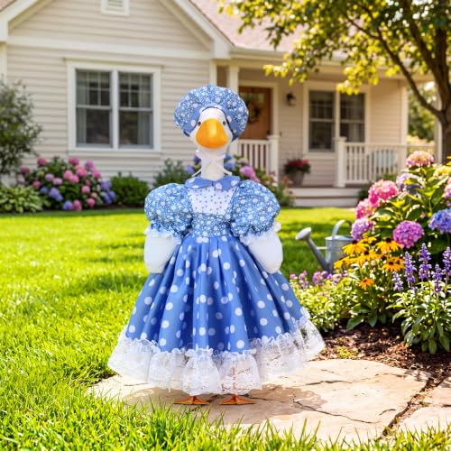 Abbylike Polka Dot Porch Goose Outfits for 23 Inch Plastic & Cement Statue Blue Lolita Dress with Lace Trim Farmhouse Goose Clothes with Hat for Summer Outdoor Patio Yard Lawn Decoration - style: Polka Dots