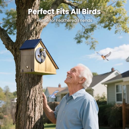 Bird House - Adjustable Entrance Fit All Birds, Outdoor Bird Houses for Outside Weatherproof, Durable Wood Birdhouse for Bluebird, Finche, Wren, Chickadee, an Ideal Backyard Decoration (Iron Roof)