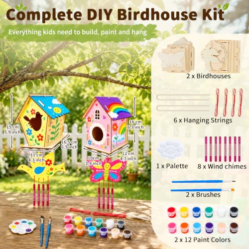 BELEEV 2 Pack Bird House Wind Chime Kit for Kids, DIY Birdhouse Kits to Build & Paint, Include Paints & Brushes, Wooden Arts and Crafts Gift for Children Boys Girls Ages 4-12 - color: 2 Pack Bird House