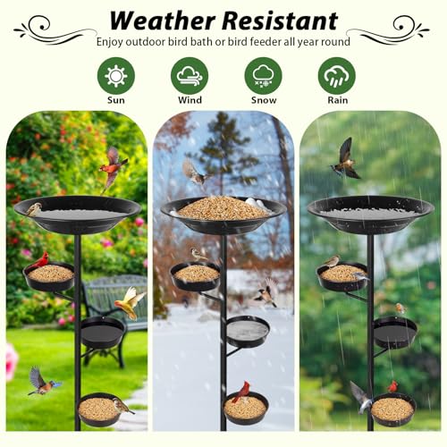 Bird Bath for Outside, Metal Freestanding Birdbaths with Bath Bowl and Seed Bowl, Hummingbird Feeders for Outdoors Garden Patio Yard Lawn Decor, Black, Gifts for Mom Dad, Gifts for Women Men