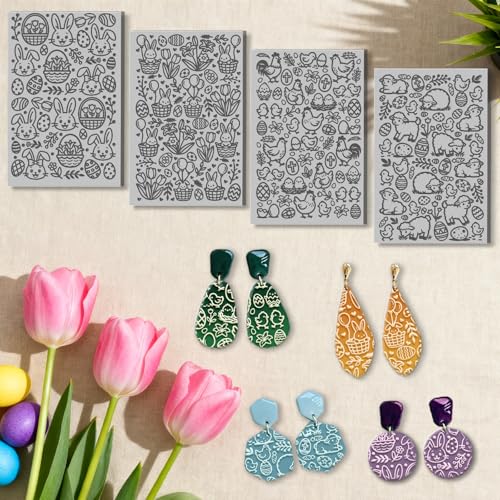 CHGCRAFT 4 Sheets Easter Bunny Clay Texture Mat Easter Basket Pattern Polymer Clay Texture Sheets DIY Tools for Pottery Earring Jewelry Making Stamp Engraving Machines, 3.9x2.6inch - style: Bunny and Basket