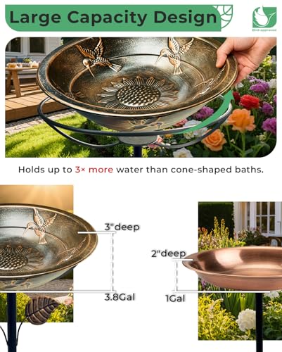 Metal Bird Bath for Outside Hummingbird Embossed Bowl with Stake | 13" W 3" Deep Birdbath Bowl, Adjustable Height, Removable Easy to Clean, 5-Prong Stake, Rust Resistant, Garden Decor