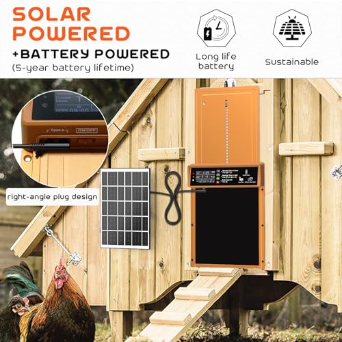 Asfrost Automatic Chicken Coop Door Solar Powered Automatic Chicken Door with Timer & Light Sensor, Anti-Pinch, Durable Aluminum Auto Chicken Door, Charge with 7W Solar Panel & USB - Orange | Timer & Light Sensor Auto Chicken Door for Small Poultry,Solar