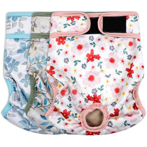 Washable Female Dog Diapers (3 Pack) - No Leak Reusable Diapers for Doggy Female in Period - Highly Absorbent Dog Heat Panties with Adjustable Snaps S - color: Flower-2, size: Small（New Born-11.5“Waist）