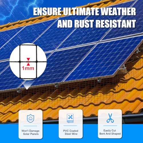 8in X 100ft Solar Panel Bird Guard - 1/2" Black PVC Mesh Galvanized Net | Rust-Resistant Net, Critter Guard for Solar Panels with 70 Fastener Clips, Gloves, Cutting Pliers - size: 8in X 100ft