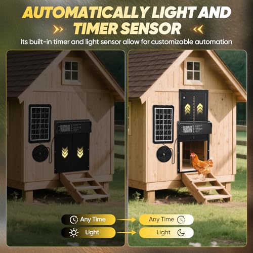 Sakerplus Automatic Chicken Coop Door Solar Powered, Automatic Chicken Door with Timer, Light Sensor, 4 Modes and LCD Display, Aluminum Alloy Auto Chicken Door, Anti-Pinch & Weather Proof