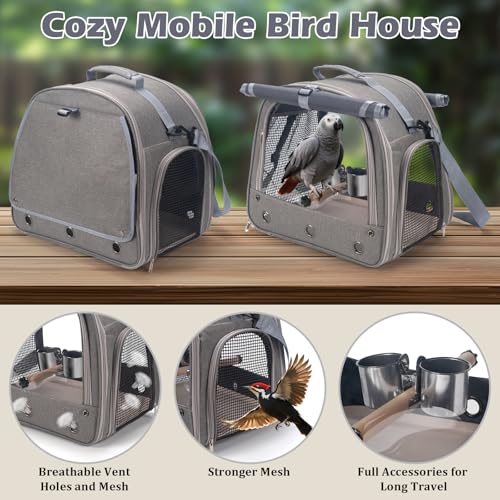 Bird Carrier Parrot Travel Cage with Perch, Food Bowl, Tray and Breathable Clear Window, Bird Travel Bag for African Gray Cockatiel Caique Conure Quaker, for Vetting Camping Hiking (Gray) - color: Gray