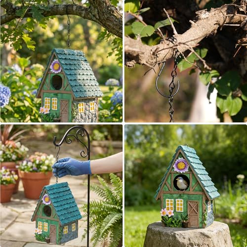 DEWEL Waterproof Bird Houses for Outside, Decorative Resin Birdhouses for Outdoors Garden Yard Decor, Hanging Bird House with Flower for Bluebird Finch Swallow Chickadee, Nesting Box for Bird Lovers - color: Green