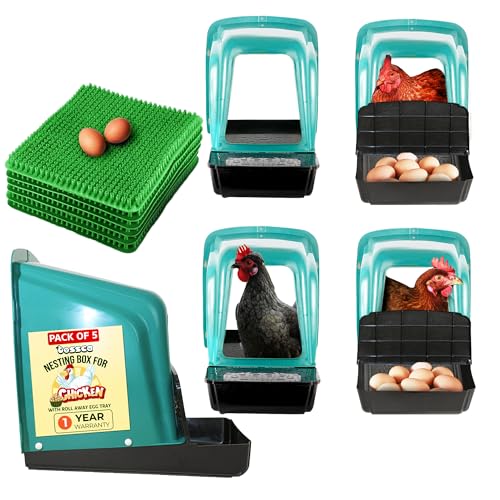 Nesting Boxes for Chicken Coops | Roll Away Hen House for Laying Eggs | Durable Plastic Chick Brooder Box with Perch & Pull Out Egg Tray for Poultry Farm | Chicken Coop Accessories (Pack of 5)