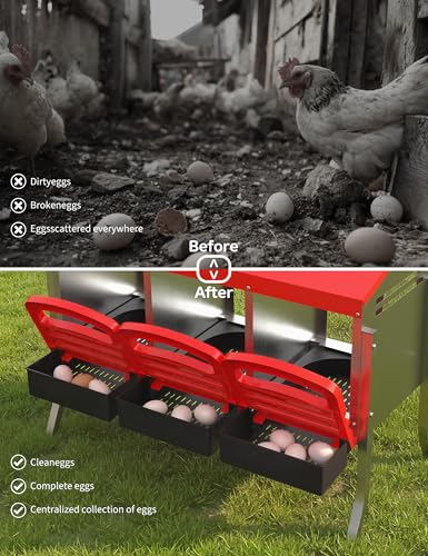 GarveeLife Chicken Nesting Box 3 Hole, Galvanized Steel Nest with Roll Away Egg Collection & Swing Perch, Easy-Clean Laying Box for Hens, Heavy Duty Design for Chicken Coop - color: Red, size: 3 holes with legs