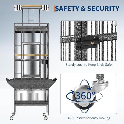 Garvee 61in Large Bird Cage, Metal Bird Cage with Bird Playground, Rolling Parrot Cage with Feeding Accessories, Large Parakeet cage for Parrots, Parakeets, Conures, Parrot, Black