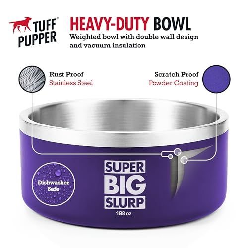 Tuff Pupper Heavy Duty Insulated Dog Bowl | Double Wall Stainless Steel Dog Food Dish | Non-Slip Spill Proof Dishwasher Safe Cat Bowl | Water Dish for Feeding Large Medium Small Pets (188oz, Purple) - color: Royal Purple, size: 188oz