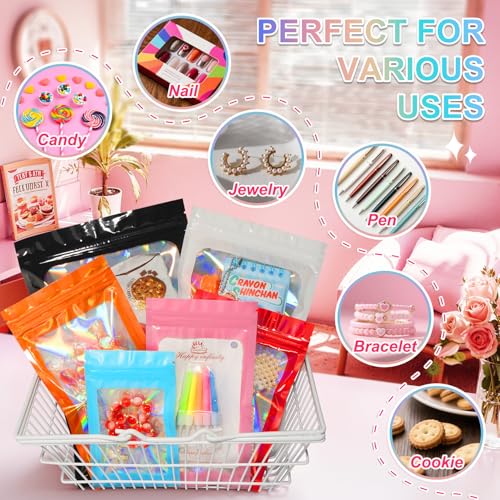 ANZNKU 100PCS Holographic Red Mylar Bags, Resealable Smell Proof 6.3x9.4 | Sealable Pouches with Clear Window, Small Business Jewelry Candy Treat Sample Packaging, Plastic Zip Goodie Gift Baggies - color: Red, size: 6.3 x 9.4 Inch