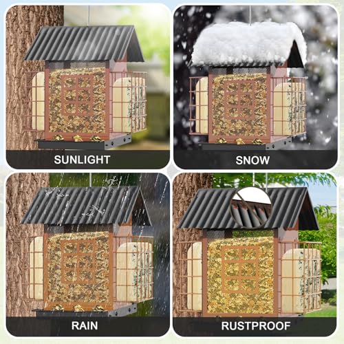 FlowaFoli Bird Feeders for Outdoors Hanging, Metal Bird Feeder with Double Suet Cage Cake, Large Capacity, Birdfeeders Sturdy & Weatherproof, Easy to Clean & Refill, Great for Attracting Wild Birds - color: Brown