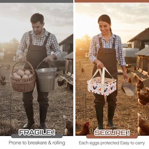 Hsei 2 Pack Egg Collecting Basket 9 Pouches Eggs Gathering Basket Canvas Collection Carrier Bag Durable Holder for Easter Different Size Egg Collection Farm Families Chicken Duck Goose, 7x6x3.5 Inches