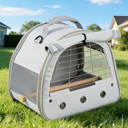 Bird Travel Carrier Cage, with Stainless Steel Metal Window and Wood Perch, Portable Bag for Cockatiel Parakeet Conure Green Cheek Budgie (Grey, Steel Window) - color: Grey
