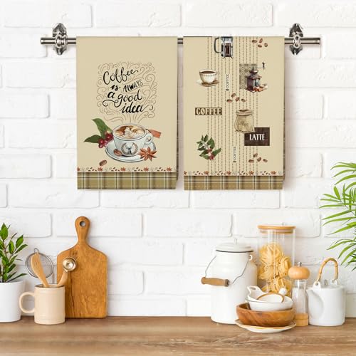 Coffee Tea Towels, 100% Cotton Kitchen Towels, Vintage, Set of 4 | 18.9 x 27.5 in / 48 x 70 cm, Lightweight Woven Dish Cloth with Coffee Print for Coffee Lovers, Hostess Gift - color: Coffee