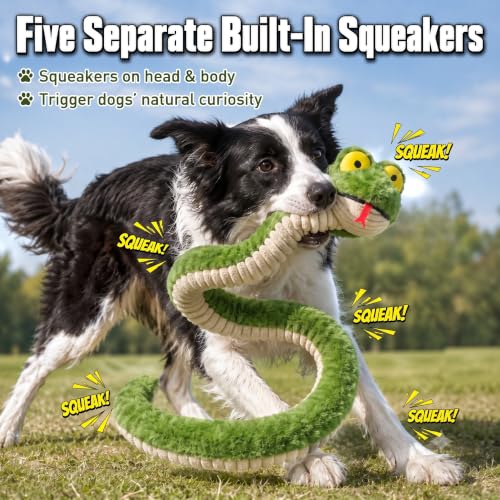 Squeaky Dog Plush Chew Toy, Interactive Tug Squeaky Toy for Chewers, Medium & Large Dogs & Fetch Play, 39.4In Stuffed Silly Snake Toy with Elastic Stretchable Body for Gentle Gum Care & Boredom Relief - color: Green (Silly Snake)