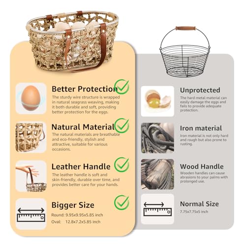 Farmhouse Seagrass Egg Baskets for Collecting Fresh Eggs Handmade Egg Collecting Basket Wicker Oval Storage Basket for Picnic, Harvest, Vegetable - color: Oval-Seagrass