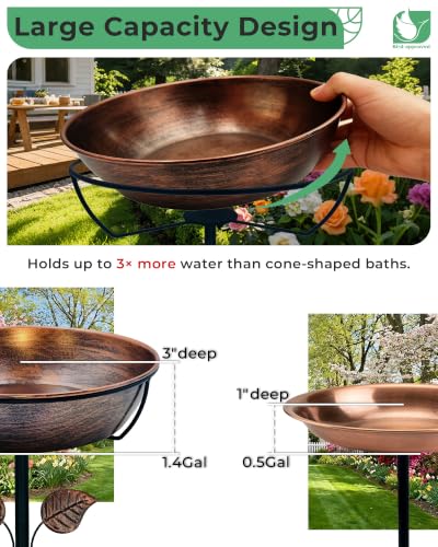 13" Metal Bird Bath for Outside 3" Deep Removable Bowl with Stake | Easy Cleaning, Weather Resistant, 5-Prong Stability, Adjustable Height, 1.4 Gal Capacity, Bird Lover Gift - size: 13 "diameter, 3" depth