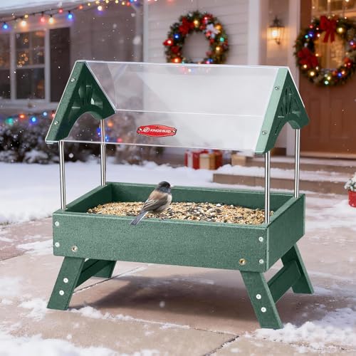 Kingsyard Covered Platform Ground Bird Feeder for Outdoors, Green | Rain-Resistant Roof, Weather-Resistant Recycled Poly Lumber, Metal Mesh Bottom, Foldable Legs, Tool-Free Assembly - color: Green