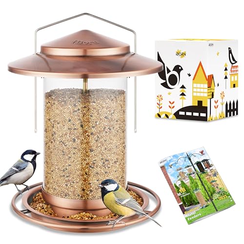 iBorn Metal Bird Feeders for Outdoors, Copper-Plating, 6 Port, 2.2LB | For Cardinal, Chew Proof, 18cm Large Roof & Tray, Hanging - color: Copper-Plating,2.2LB,6Port