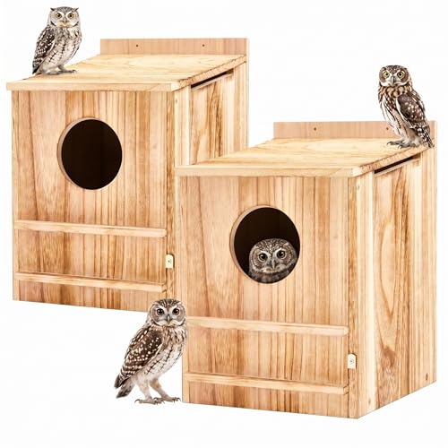 Novabright 2 Pcs Large Great Horned Owl House, 16" x 12" x 11" carbonized Weatherproof Wooden Nesting House for Screech Owls, Boreal, Northern Pygmy, Saw-whets, Elf, Flammulated and Others