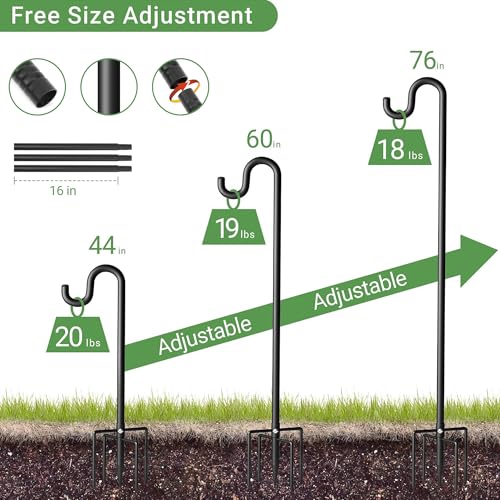 76" Shepherds Hooks for Outdoor, Extra Thick Bird Feeder Pole with 5 Prong Base, Adjustable Shepards Hook for Garden, Weddings, Hanging Plant - size: 76 Inch
