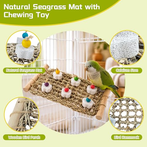 FlidRunest Conure Seagrass Mat with Grinding Calcium Stone Chewing Toy | Parrot Beak Grinding Stone and Seagrass Ladder Bridge Stands, Hand-Woven Net Climbing Net for Budgie Parakeet - size: B(With Calcium Stone)