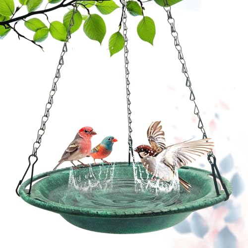 Hanging Bird Bath & Feeder Bowl, 12 in, Antique Green | Weather-Resistant PP, Backyard Garden Decor - color: Green