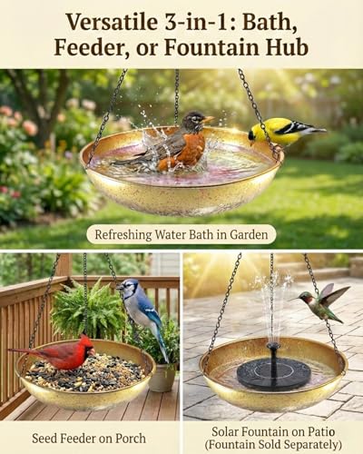 Hanging Bird Bath for Outside Metal Birdbath 11 Inch for Birds to Seed Bathe Drink Decor Bird Bath Gold to Iridescent Pink Gradient Decor for Garden Back Yard Patio Attracts Hummingbirds & Finches - color: Gold Iridescent Pink Gradient
