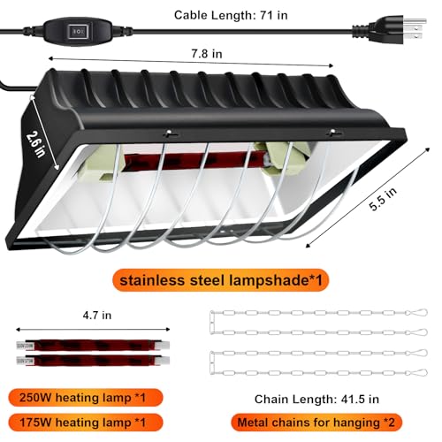 Chicken Coop Heating Lamp Brooder 250W, Adjustable Heating Temperature and Hanging Height, with Aluminum Alloy Lampshade, Suitable for Poultry Indoor Heater (Black)