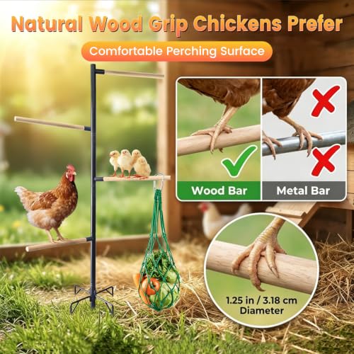 Chicken Perch Stand for Coop, 55 in Heavy Duty Poultry Roosting Stand with 5-Leg Ground Stake Base, 4 Wooden Perches, Outdoor Chicken Roost Stand for Hens & Chicks