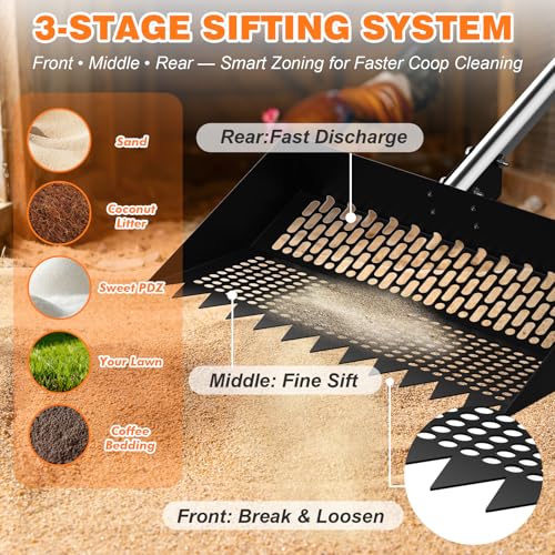 12 Inch Chicken Poop Scooper & Rake, 2-in-1 Stainless Steel Chicken Coop Scoop with Adjustable Handle, Litter Sifting Shovel Cleaning Tools for Chicken Coops, Yard Cleaning, Black[2026 Upgraded]