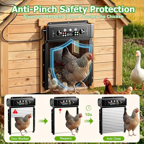 Automatic Chicken Coop Door Solar Powered, Roll-Up Chicken Door with Timer & Light Sensor, Anti-Pinch Safety Auto Chicken Door with Remote Control, Weatherproof Aluminum Coop Door (Black1)