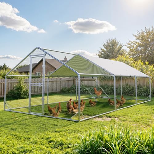 Sannwsg 10x20 FT Metal Chicken Coop with Run, Large Walk in Chicken Pen with Waterproof Cover, Secure Lock, Heavy Duty Poultry Cage with Feeding Door for Outdoor Farm Use - size: 118.0"L x 236.0"W x 79.0"H