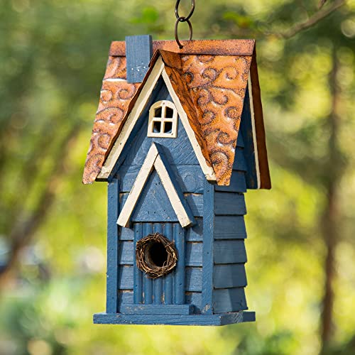 Glitzhome 12" H Hanging Birdhouse Retro Blue Distressed Wooden Cottage Garden Bird House for Outside - color: Blue