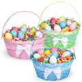 3 PCS Easter Bamboo Baskets Gift with Bow Ribbon and Handle, Woven Easter Eggs Hunting Bucket, Wicker Candy Toys Storage BucketBaskets with Handle for Picnic, Party Favors