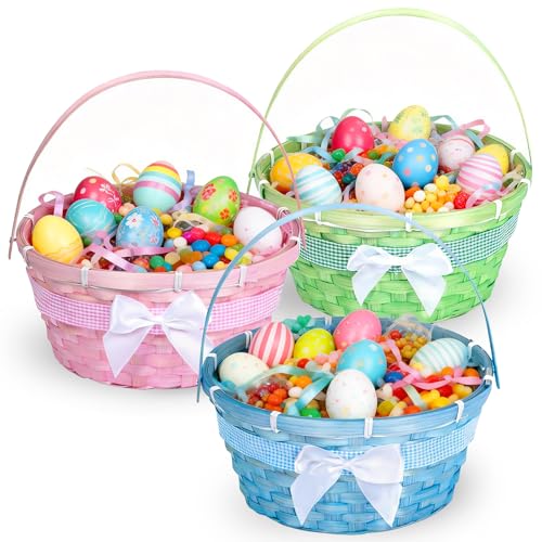 3 PCS Easter Bamboo Baskets Gift with Bow Ribbon and Handle, Woven Easter Eggs Hunting Bucket, Wicker Candy Toys Storage BucketBaskets with Handle for Picnic, Party Favors