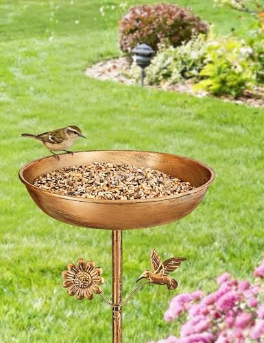 Freestanding Bird Bath with Metal Stake - 11” Antique Bronze Metal Birdbath Bowl & Feeder for Outdoor Garden Yard Decor