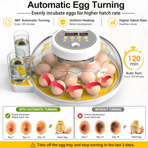 18/60 Incubator for Hatching Eggs, Egg Incubators with Humidity Display, Egg Candler, Automatic Egg Turner, Poultry Egg Incubator for Hatching Chicken Duck Bird Quails- Yellow 2 Egg Trays - color: Yellow