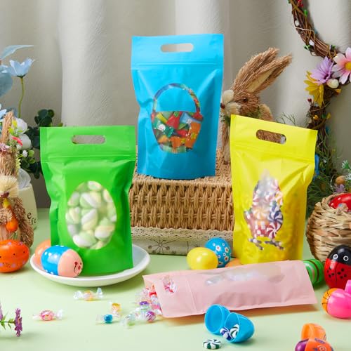 TaoBary 100 Pcs Pastel Plastic Treat Bags with Windows Sealing Resealable Bags with Handle Bunny Egg Goodie Gift Pouch Stand up Candy Bag for Spring Summer Party Gift Wrapping Supplies - color: Pink, Blue, Green, Yellow, style: Pastel